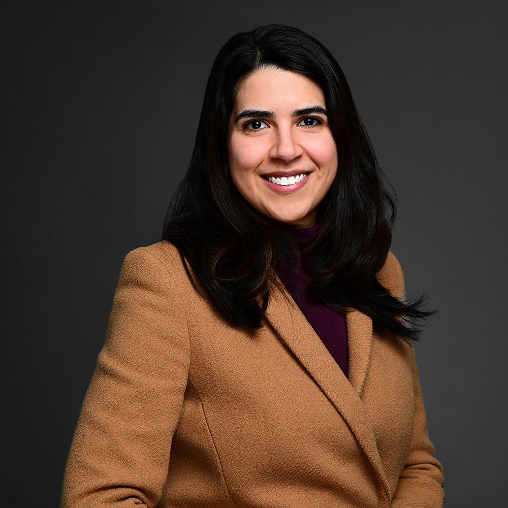Headshot image of Giselle Habeych. Sheis wearing a light brown jacket and a purple dress shirt. She has black hair that goes over her shoulders and is smiling at the camera. 