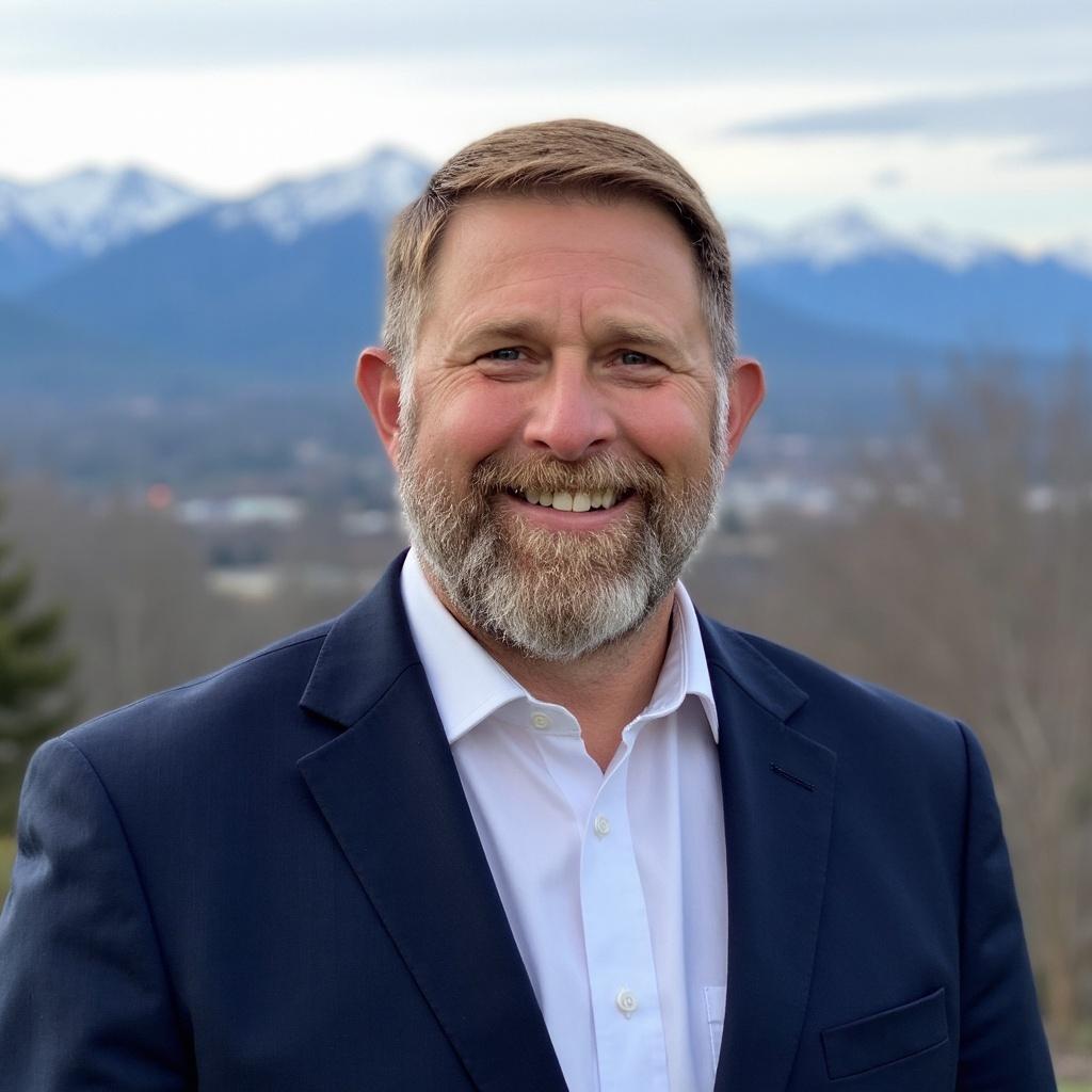 Headshot of John Gibson wearing a suit in front of a mountain backdrop