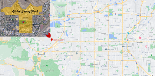 A map of Lakewood and Golden, Colorado with an inset depicting the Global Energy Park west of I70 and north of 6th Ave.