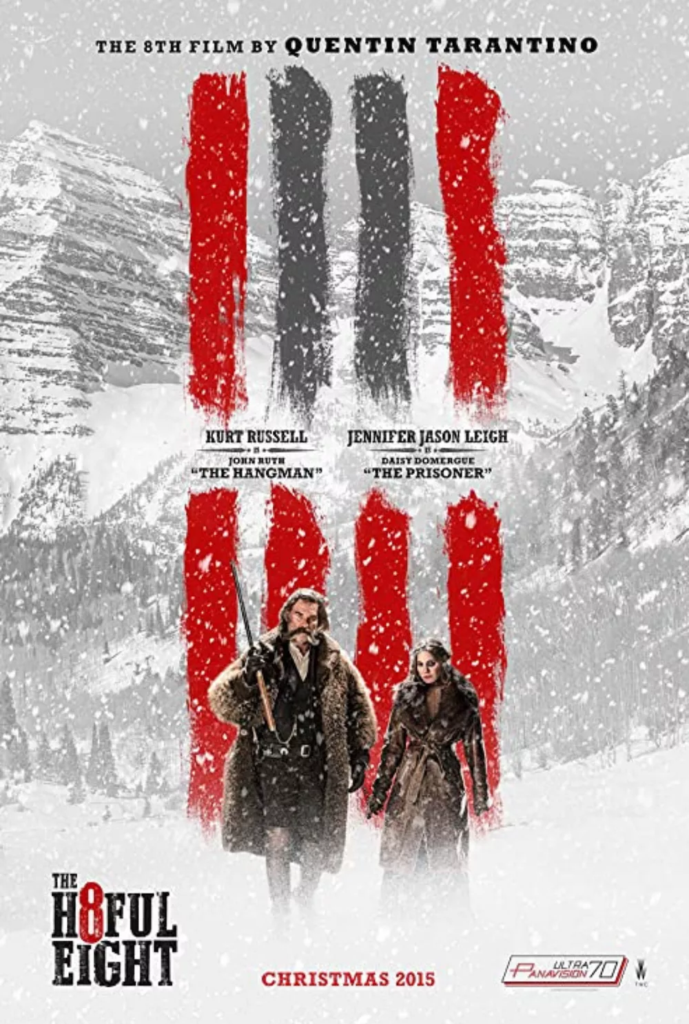 man with rifle walking through snow with woman behind him with text saying hateful eight