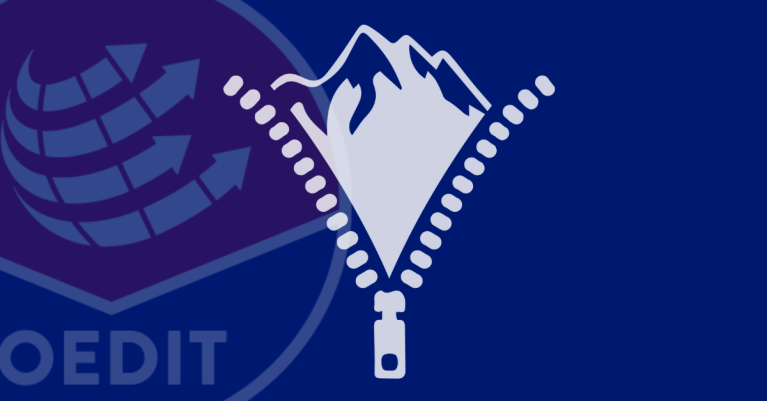 A white logo showing a mountain between the two sides of an unzipped zipper