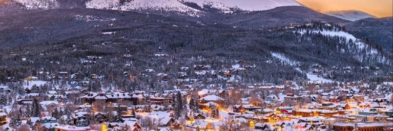 Town of Breckenridge in the winter after a snowfall with mountains in the background