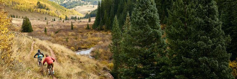 Two bicyclists ride on a bike trail that traverses a field next to a pine forest with mountains in the distance.