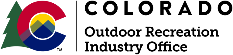 Colorado Outdoor Recreation Industry Office logo spelled out in big text on the right side, on the left is an image of a C with red on the top, blue on the bottom, and yellow and blue mountains in the middle, and a evergreen on the side.