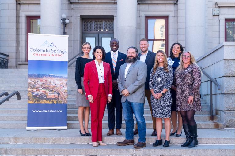 Company leaders from Infinity Labs pose with Colorado Springs leaders to celebrate the company's expansion in Colorado Springs.