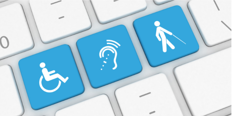 Keyboard highlighting three keys that are the color blue, the first key has the wheelchair symbol, second has the hearing impaired symbol, and their has the sight impaired symbol