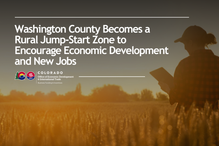 Silhouette of a person reading a book in a wheat field at sunset, with text announcing 'Washington County Becomes a Rural Jump-Start Zone to Encourage Economic Development and New Jobs', along with logos for Colorado Office of Economic Development & International Trade