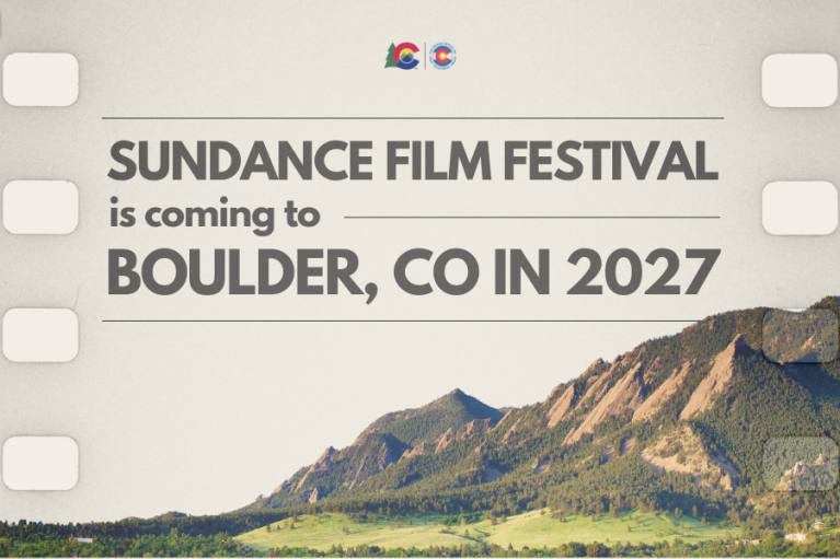 Promotional image for the Sundance Film Festival announcing its upcoming event in Boulder, Colorado in 2027, with a scenic backdrop of mountain landscapes.