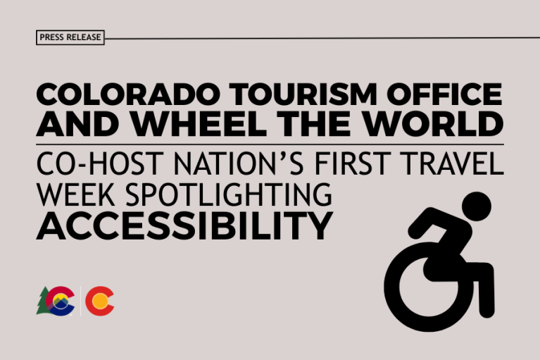 Press release headline from the Colorado Tourism Office and Wheel the World, co-hosting the nation's first travel week spotlighting accessibility, featuring the logos of both entities and an icon of a person in a wheelchair.