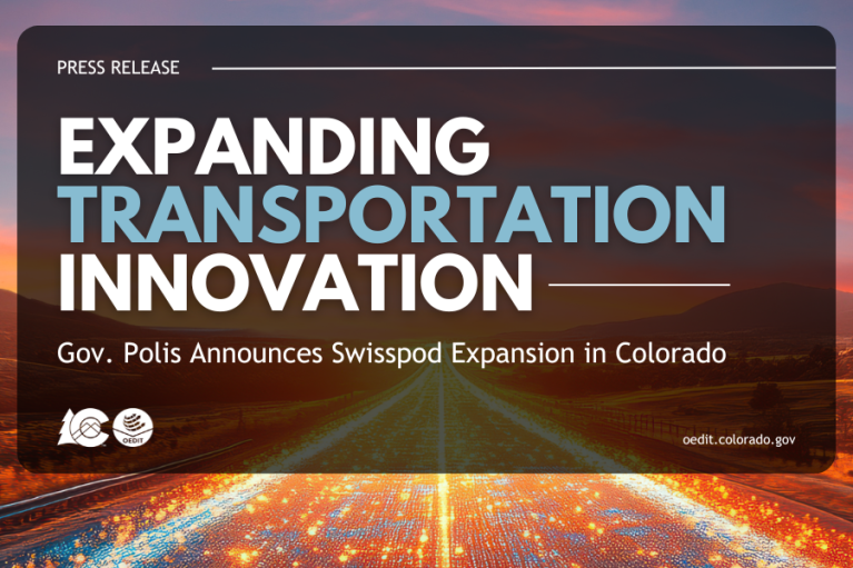 Press release banner stating 'Expanding Transportation Innovation - Gov. Polis Announces Swisspod Expansion in Colorado' with a background image of a highway with sparkling digital code covering the road, extending into a sunset