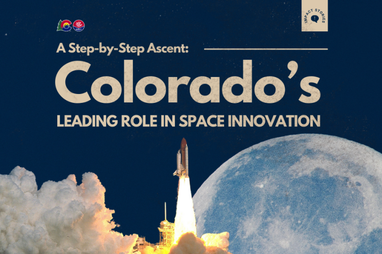 Banner with a rocket flying and a moon in the background with the article headline saying, "A Step-by-Step Ascent: Colorado's Leading Role in Space Innovation"