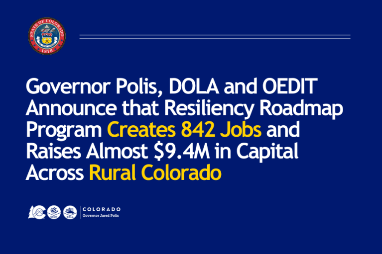 Official announcement text stating that Governor Polis, DOLA, and OEDIT announce the Resiliency Roadmap Program created 842 jobs and raised almost $9.4M in capital across rural Colorado. The background is blue with the seal of Colorado at the top lef