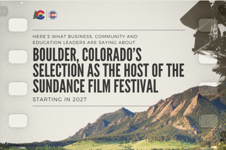 Promotional graphic announcing Boulder, Colorado's selection as the host of the Sundance Film Festival starting in 2027, with a scenic backdrop of mountains.