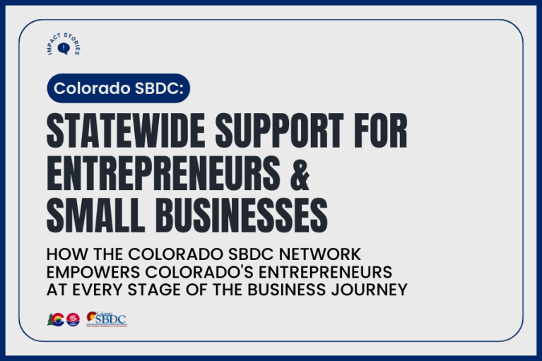 Title graphic that reads : "Colorado SBDC: Statewide Support for Entrepreneurs and Small Businesses How the Colorado SBDC network empowers Colorado's entrepreneurs at every stage of the business journey"