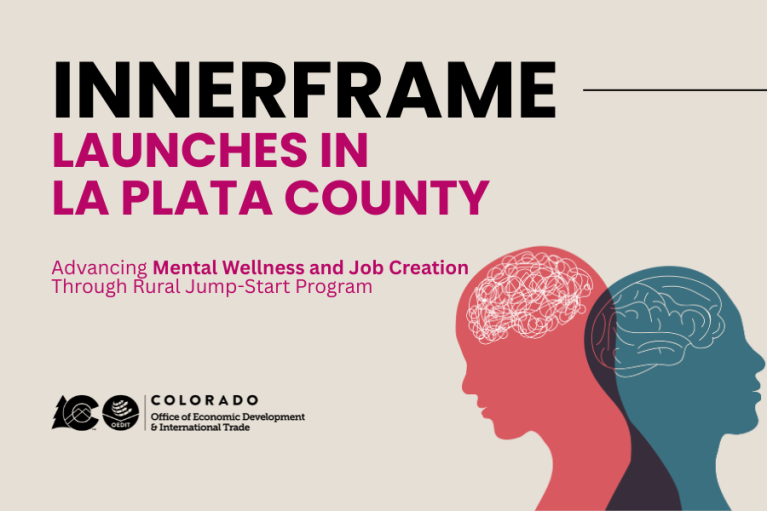 Promotional image for InnerFrame's launch in La Plata County, featuring a graphic of two silhouetted heads with brain outlines, one in pink and one in blue, emphasizing mental awareness and job creation. Text reads, "InnerFrame Launches in La Plata County Advancing Mental Health and Job Creation Through Rural Innovation. 
