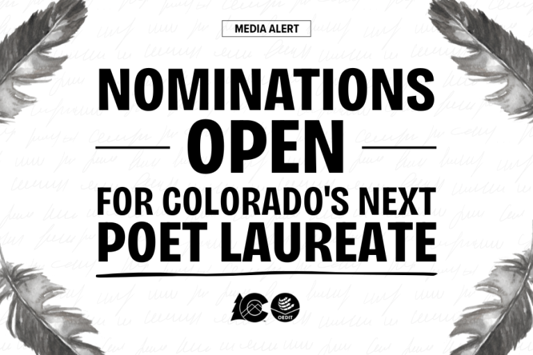 Media alert graphic stating 'Nominations Open for Colorado's Next Poet Laureate' flanked by feather illustrations, with logos of the Colorado Office of Economic Development and International Trade and Colorado Creative Industries at the bottom