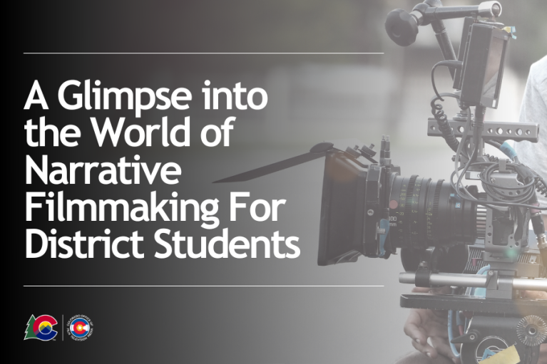 Image promoting a narrative filmmaking event for District students, featuring a professional camera setup operated by an individual, with logos of well-known entities visible