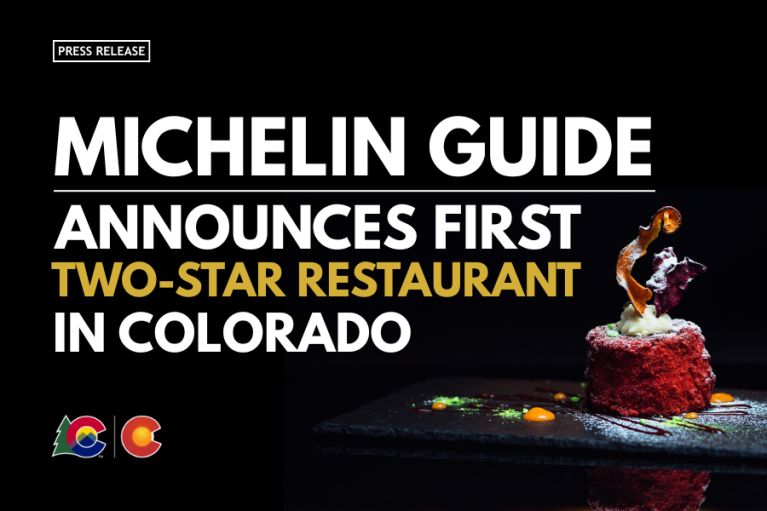 Promotional image featuring a gourmet dish, announcing the first Michelin Guide two-star restaurant in Colorado, highlighted by a dark background with the OEDIT and Colorado Tourism Office logos at the top.