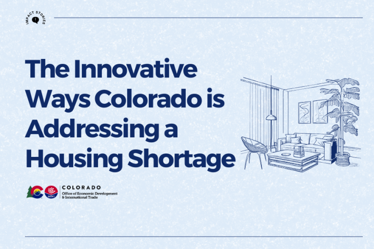 Impact story featured image: featuring the title of the impact story "More Housing Now: Gov. Polis Announces Upcoming Proposition 123 Funds Will Prioritize Modular and Innovative Housing Projects" next to a sketch drawing of a modern design living room.