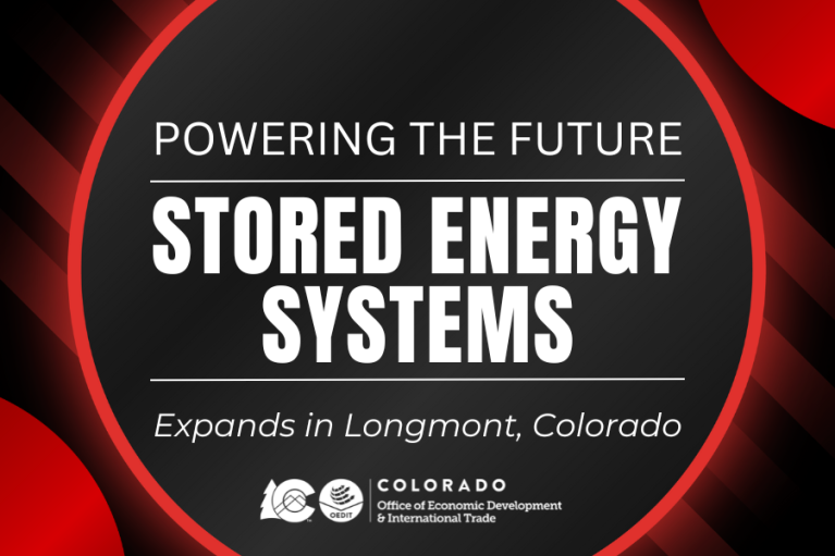Promotional graphic for Stored Energy Systems, which is expanding in Longmont, Colorado. The image includes the text 'Powering the Future' and logos for Stored Energy Systems and the Colorado Office of Economic Development & International Trade, set against a backdrop of red and black circular patterns