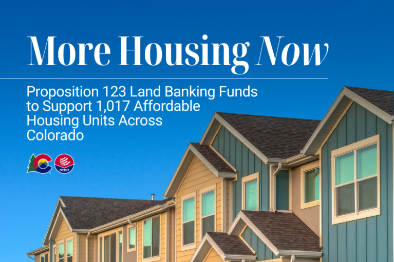 Promotional image for Proposition 123, featuring a row of multi-colored houses under a clear blue sky, with text stating 'More Housing Now' and details about land banking funds to support 1,017 affordable housing units across Colorado.