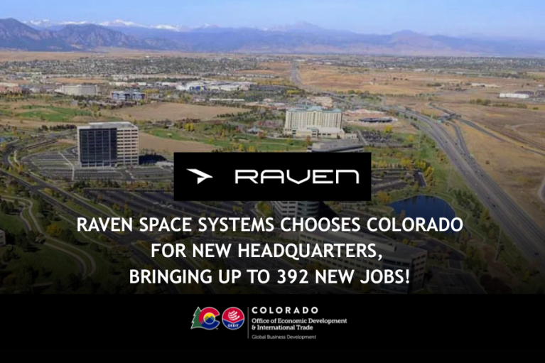 Aerial view of Broomfield, Colorado with mountains in the background. Text announces the creation of 392 new jobs, alongside logos for Raven Space Systems, Colorado Office of Economic Development, and International Trade Global Business Development.