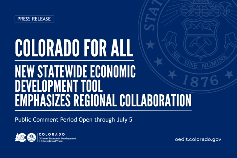 Promotional graphic for OEDIT, featuring the title and subhead of the article on a blue background with the state of CO seal