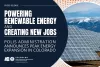 Photo of solar panels set against a mountain backdrop is displayed in a graphic bubble. Next to it, another colored bubble features the text: “Powering Renewable Energy and Creating New Jobs: Polis Administration Announces Peak Energy Expansion in Colorado.” 