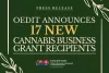 Press release graphic from the Colorado Office of Economic Development and International Trade announcing 17 new cannabis business grant recipients, with decorative leaf motifs on a dark green background.