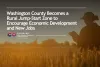 Silhouette of a person reading a book in a wheat field at sunset, with text announcing 'Washington County Becomes a Rural Jump-Start Zone to Encourage Economic Development and New Jobs', along with logos for Colorado Office of Economic Development & International Trade