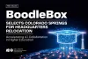 Press release image announcing BoodleBox selects Colorado Springs for headquarters relocation, featuring a digital illustration of a graduation cap outlined in neon blue lights. 