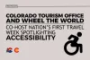 Press release headline from the Colorado Tourism Office and Wheel the World, co-hosting the nation's first travel week spotlighting accessibility, featuring the logos of both entities and an icon of a person in a wheelchair.