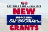 Words "Governor Polis Announces New Grants to Support Job Creation in Coal Transition Communities" overlayed over a faded background of Montrose County, CO. The OEDIT logo is located at the top of the image.