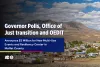  Promotional graphic for a press release. The text reads "Governor Polis, Office of Just Transition and OEDIT Announce $2 Million for New Multi-Use Events and Resiliency Center in Moffat County." The background shows a scenic view of Moffat County with rolling hills and a residential area.