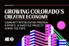 Press release graphic titled "Growing Colorado’s Creative Economy" announcing a community revitalization program that supports 10 mixed-use projects across the state. The image features a stylized illustration of colorful geometric buildings against a dark background, with logos for OEDIT and Colorado at the bottom.