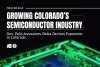 Graphic for OEDIT press release that reads: "Growing Colorado’s Semiconductor Industry: Gov. Polis Announces Okika Devices Expansion in Colorado" text is over a dark background with a computer chip at the bottom