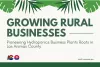Promotional graphic titled "Growing Rural Businesses" featuring the text "Pioneering Hydroponics Business Plants Roots in Las Animas County" with logos for Colorado and OEDIT at the bottom. The background includes a subtle leaf pattern.