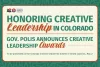  Promotional banner for the Colorado Creative Industries, announcing the 2025 Governor's Creative Leadership Awards. Includes details that the awards will be presented in Grand Junction on May 2 at the CCI Summit. The background is vibrant green with orange and white text.