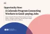 Graphic showing two circles in an offset venn diagram. Graphic reads: "Opportunity Now: A Colorado Program Connecting Workers to Good-paying Jobs From Colorado’s Western Slope through the Eastern Plains, a change is underway, one that aims to shape the future of the State's workforce."