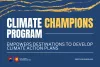 Logo of the Colorado Tourism Office above text reading "Climate Champions Program," with a subtitle stating "Empowers Destinations to Develop Climate Action Plans." The background features bold blue and gold brush strokes.