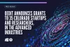 Press release graphic from OEDIT announcing grants to 35 Colorado startups and researchers in the advanced industries, featuring colorful swirls of digital light on a dark background.