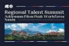 Promotional banner for Regional Talent Summit addressing Pikes Peak workforce needs, featuring a scenic view of Pikes Peak and surrounding landscape