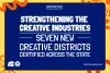 Press release image announcing the strengthening of the creative industries with seven new creative districts certified across the state. Includes logos of Colorado state government. Background is blue with orange decorative elements.