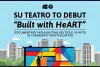 Promotional graphic for Su Teatro's documentary 'Built with HeART' focused on the arts in community revitalization, featuring an illustrated city skyline and a person painting a colorful mural.