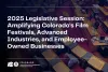 Social graphic with the text “2025 Legislative Session: Amplifying Colorado's Film Festivals, Advances Industries, and Employee-Owned Businesses”. This text is overlaid on a photo of desks in the Colorado Senate chamber.