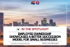 Promotional graphic titled "In the Spotlight: Employee Ownership Showcases A Better Succession Model for Small Businesses" image features Denver skyline at sunset