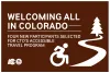 Graphic with text saying 'Welcoming All in Colorado - Four new participants selected for CTO's Accessible Travel Program,' featuring an icon of a person in a wheelchair and a stylized pine tree next to a winding path.